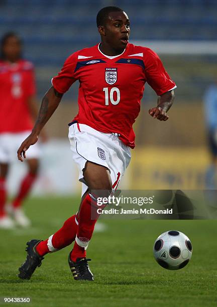 Danny Rose of England runs with the ball during the UEFA U21 Championship match between Greece and England at the Asteras Tripolis Stadium on...