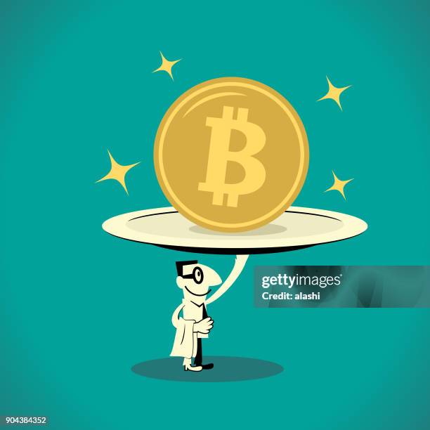 bitcoin mining (cryptocurrency mining), financial services, smiling businessman carrying a plate of bitcoin gold currency coin - metal serving tray stock illustrations