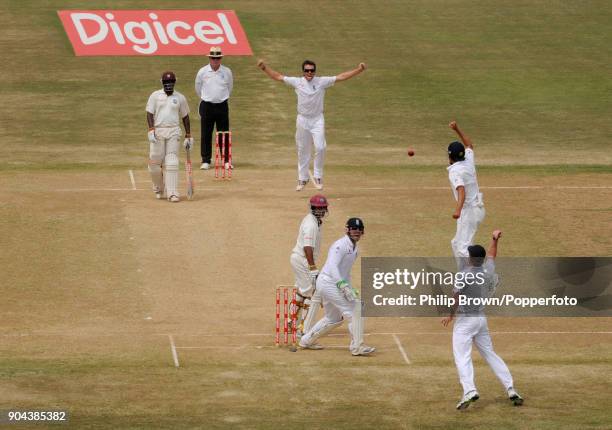 England bowler Graeme Swann celebrates the wicket of West Indies batsman Ramnaresh Sarwan, caught behind by Paul Collingwood for 14, during the 5th...