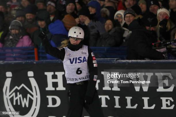 Kiley McKinnon of the United States reacts after jumping in the Ladies' Aerials Finals during the 2018 FIS Freestyle Ski World Cup at Deer Valley...
