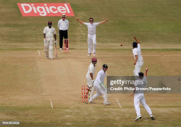 England bowler Graeme Swann celebrates the wicket of West Indies batsman Ramnaresh Sarwan, caught behind by Paul Collingwood for 14, during the 5th...