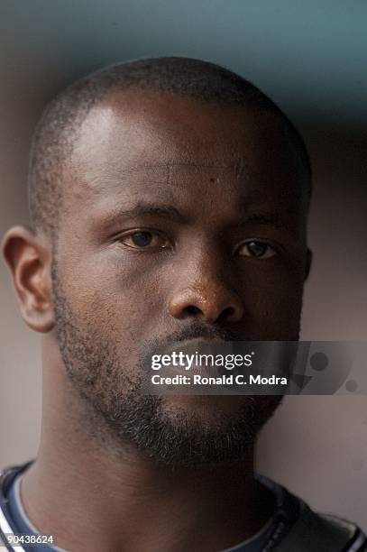 Tony Gwynn Jr. #18 of the San Diego Padres looks on during an MLB game against the Florida Marlins at Landshark Stadium on August 29, 2009 in Miami,...