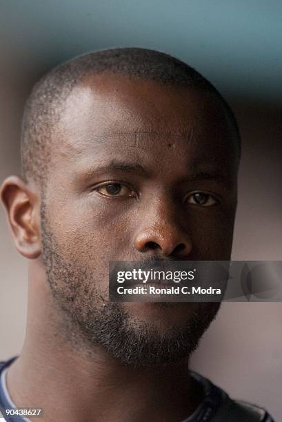 Tony Gwynn Jr. #18 of the San Diego Padres looks on during an MLB game against the Florida Marlins at Landshark Stadium on August 29, 2009 in Miami,...