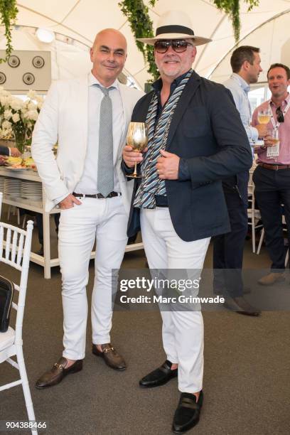 Neale Whitaker and David Novak-Piper attend Magic Millions Raceday on January 13, 2018 in Gold Coast, Australia.