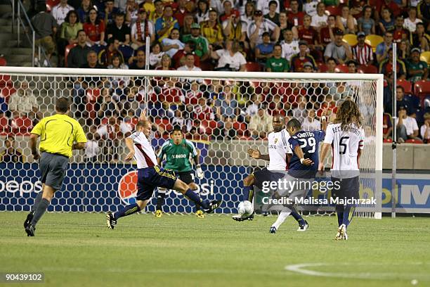 Maicon Santos of Chivas USA kicks the ball against the Real Salt Lake at Rio Tinto Stadium on August 26, 2009 in Sandy, Utah.