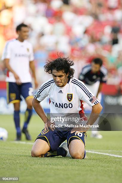 Fabian Espindola of Real Salt Lake reacts to the missed goal against Chivas USA at Rio Tinto Stadium on August 26, 2009 in Sandy, Utah.