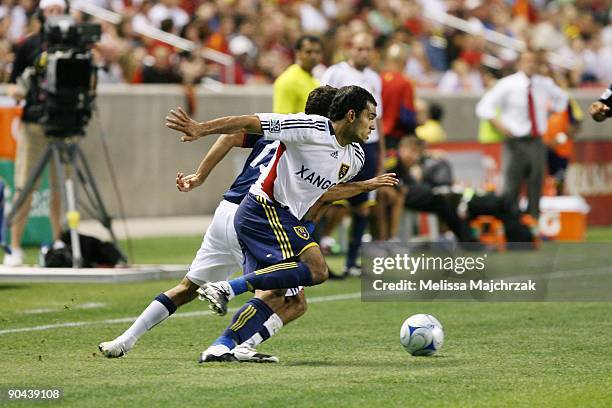 Pablo Campos of Real Salt Lake runs the ball against Chivas USA at Rio Tinto Stadium on August 26, 2009 in Sandy, Utah.