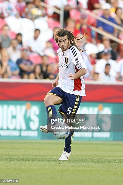 Kyle Beckerman of Real Salt Lake kicks the ball against Chivas USA at Rio Tinto Stadium on August 26, 2009 in Sandy, Utah.