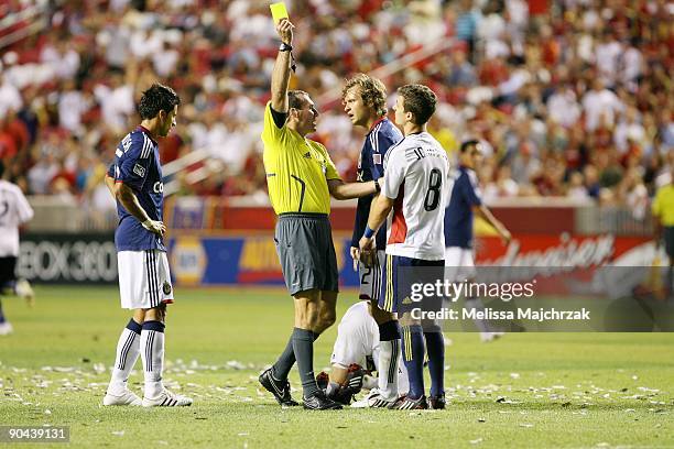 Carey Talley of Chivas USA reacts to the call made by referee Terry Vaughn against Will Johnson of Real Salt Lake at Rio Tinto Stadium on August 26,...