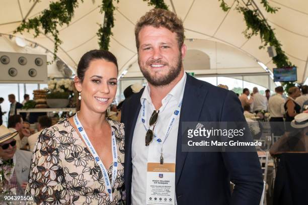 Kara Griggs and Wallaby James Slipper attend Magic Millions Raceday on January 13, 2018 in Gold Coast, Australia.