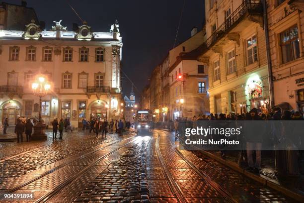 View of Rynok Square with a bad wet and cold weather. On Friday, January 12 in Lviv, Lviv Oblast, Ukraine.