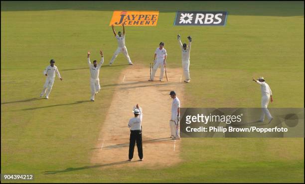 England batsman Paul Collingwood is given out, caught by India's Gautam Gambhir off the bowling of Harbhajan Singh , during the 1st Test match...