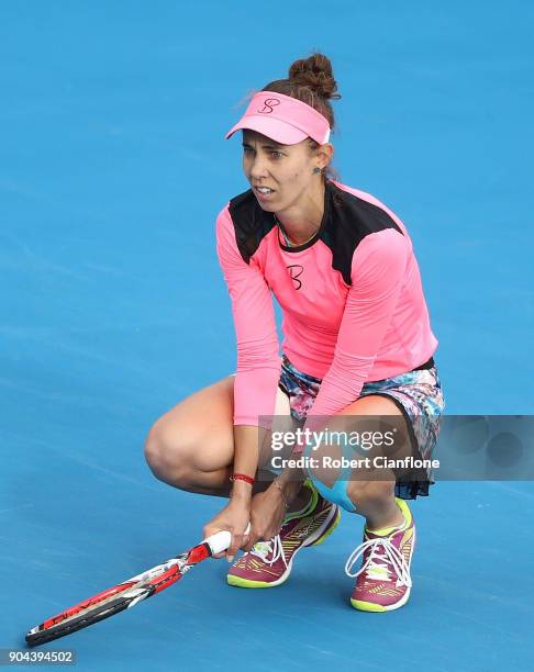Mihaela Buzarnescu of Romania reacts during her finals match against Elise Mertens of Belgium during the 2018 Hobart International at Domain Tennis...