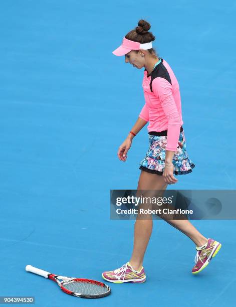 Mihaela Buzarnescu of Romania reacts during her finals match against Elise Mertens of Belgium during the 2018 Hobart International at Domain Tennis...