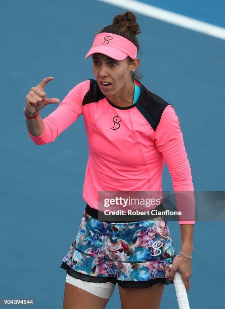 Mihaela Buzarnescu of Romania reacts during her finals match against Elise Mertens of Belgium during the 2018 Hobart International at Domain Tennis...