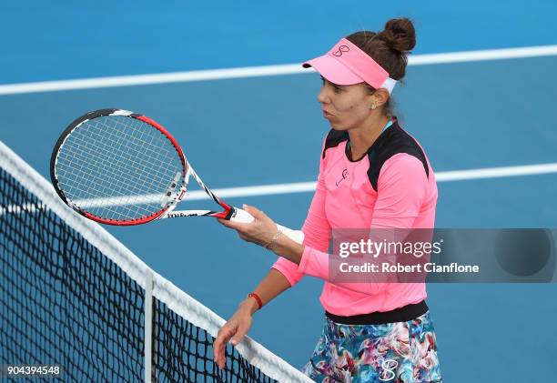 Mihaela Buzarnescu of Romania reacts during her finals match against Elise Mertens of Belgium during the 2018 Hobart International at Domain Tennis...