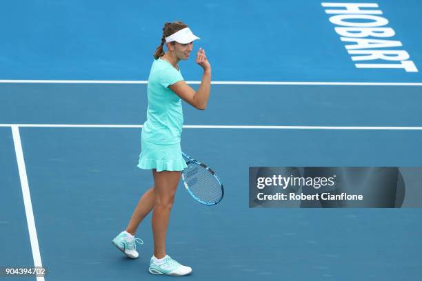 Elise Mertens of Belgium reacts during her finals match against Mihaela Buzarnescu of Romania during the 2018 Hobart International at Domain Tennis...