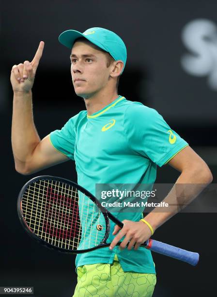 Alex de Minaur of Australia celebrates winning a point in his Men's Singles Final match against Daniil Medvedev of Russia during day seven of the...