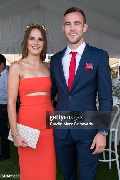 Sophie Gillard and James Kain attend Magic Millions Raceday on January 13, 2018 in Gold Coast, Australia.