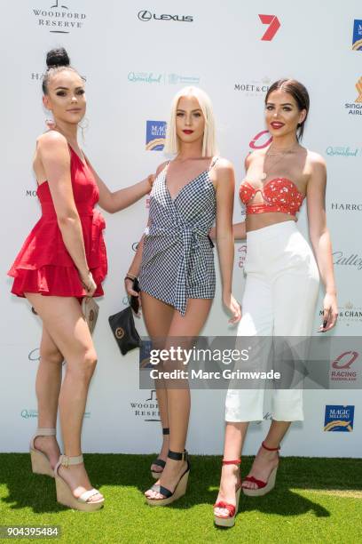 Danielle Evans, Jasmin Bouwer and Codi Provan attend Magic Millions Raceday on January 13, 2018 in Gold Coast, Australia.