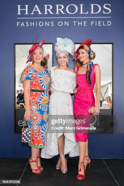 Entrants at the Fashion on the Field event, Kerrie Carucci, Carle Rutledge and Lindsay Ridings attend Magic Millions Raceday on January 13, 2018 in...