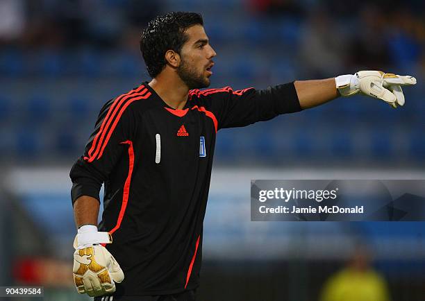 Goalkeeper Konstantinos Lamprou of Greece gives instructions during the UEFA U21 Championship match between Greece and England at the Asteras...