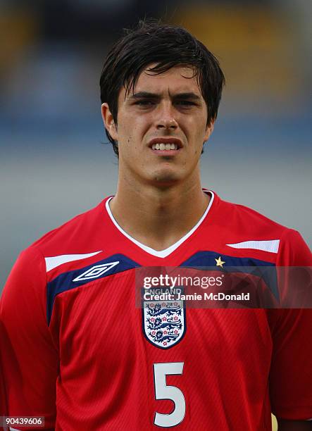 James Tomkins of England lines up prior to the start of the UEFA U21 Championship match between Greece and England at the Asteras Tripolis Stadium on...