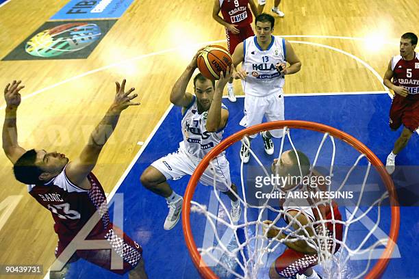 Greece's Vasilis Spanoulis Jumps to score against Croatia during their 2009 European championship preliminary round, group A, basketball game in...