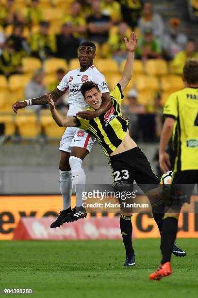 Roly Bonevacia of the Western Wanderers and Matthew Ridenton of the Wellington Phoenix during the round 16 A-League match between the Wellington...