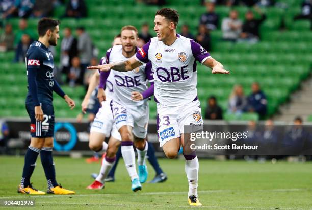 Scott Neville of the Glory celebrates after scoring the first goal during the round 16 A-League match between the Melbourne Victory and Perth Glory...
