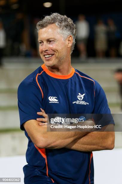 Coach Paul Wiseman of New Zealand looks on during the ICC U19 Cricket World Cup match between New Zealand and the West Indies at Bay Oval on January...