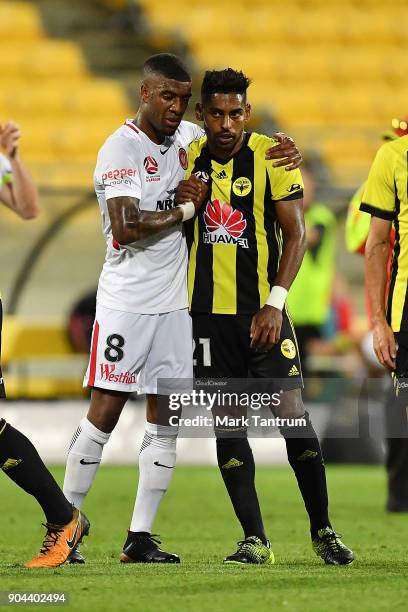 Roly Bonevacia of the Western Wanderers and Roy Krishna of the Wellington Phoenix after the round 16 A-League match between the Wellington Phoenix...