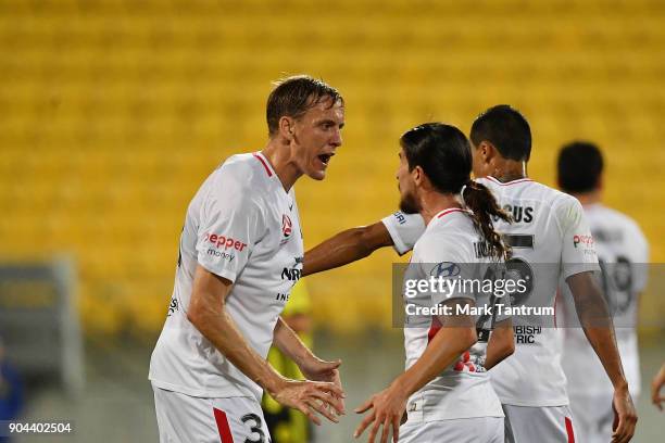 Tensions rise between Jack Clisby of the Western Wanderers 3 and Raul Llorente of the Western Wanderers during the round 16 A-League match between...