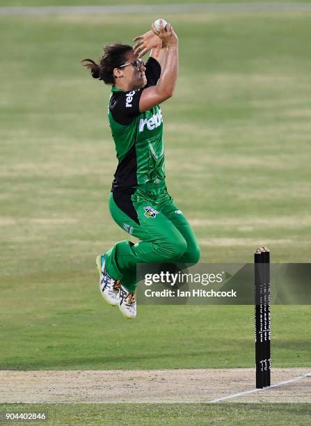 Emma Kearney of the Stars bowls during the Women's Big Bash League match between the Brisbane Heat and the Melbourne Stars on January 13, 2018 in...