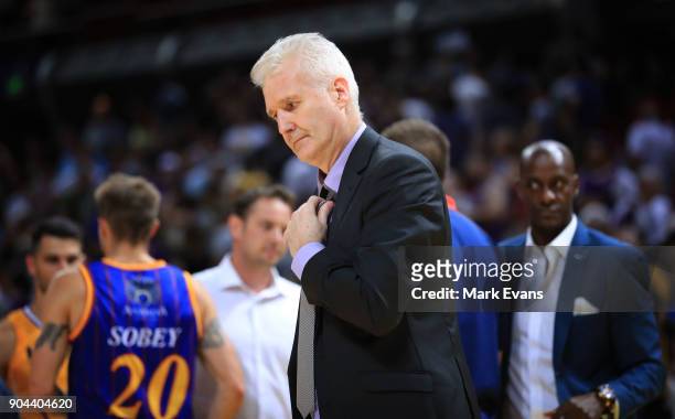 Kings Coach Andrew Gaze after the Kings loss during the round 14 NBL match between the Sydney Kings and the Adelaide 36ers at Qudos Bank Arena on...
