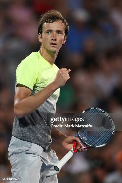 Daniil Medvedev of Russia celebrates winning set point in his Men's Singles Final match against Alex de Minaur of Australia during day seven of the...