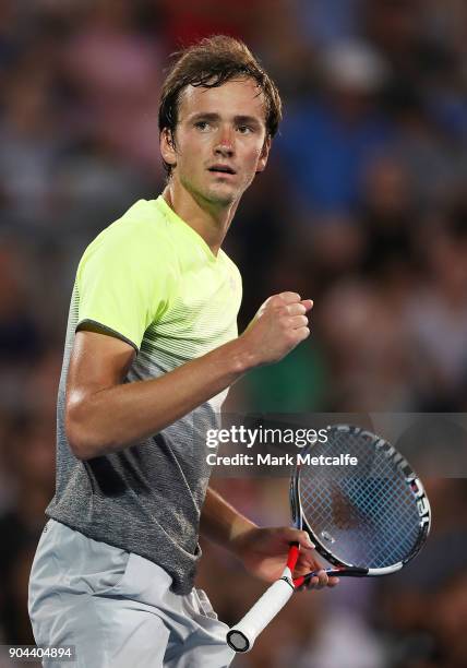 Daniil Medvedev of Russia celebrates winning set point in his Men's Singles Final match against Alex de Minaur of Australia during day seven of the...