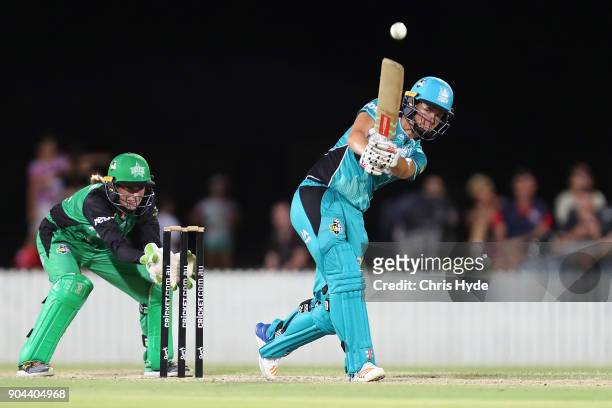Jess Jonassen of the Heat bats during the Women's Big Bash League match between the Brisbane Heat and the Melbourne Stars on January 13, 2018 in...