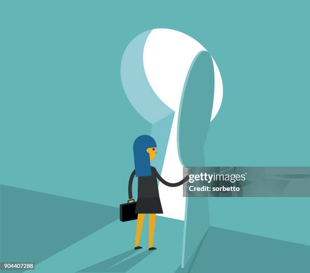 stockillustraties, clipart, cartoons en iconen met zakenvrouw - sleutelgat - entering