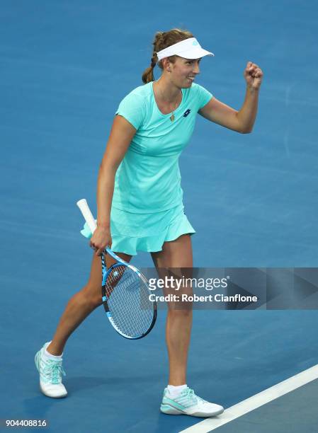Elise Mertens of Belgium celebrates after she defeated Mihaela Buzarnescu of Romania during the 2018 Hobart International at Domain Tennis Centre on...