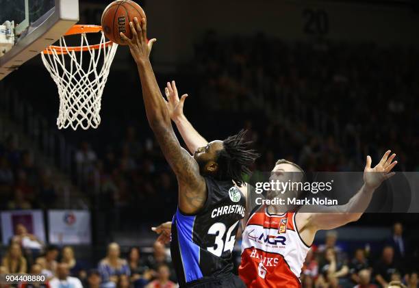 Rakeem Christmas of the Breakers drives to the basket during the round 14 NBL match between the Illawarra Hawks and the New Zealand Breakers at...