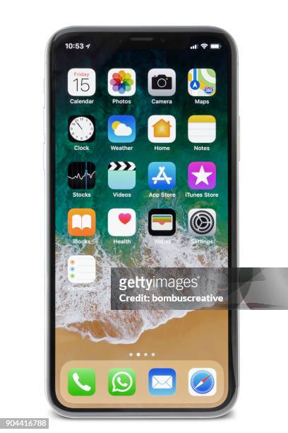 apple iphone x silver home screen - smartphone stock pictures, royalty-free photos & images