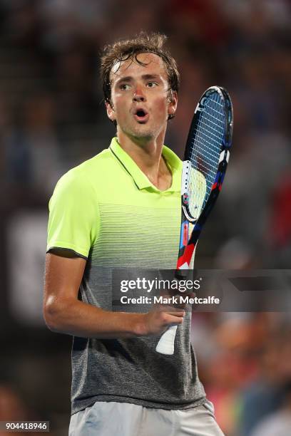 Daniil Medvedev of Russia celebrates winning match point in his Men's Singles Final match against Alex de Minaur of Australia during day seven of the...