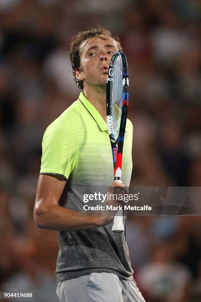 Daniil Medvedev of Russia celebrates winning match point in his Men's Singles Final match against Alex de Minaur of Australia during day seven of the...