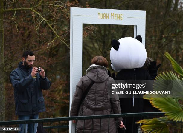 Visitors pose for photos with a panda mascot during the first public appearance of the zoo's panda cub on January 13, 2018 at The Beauval Zoo in...