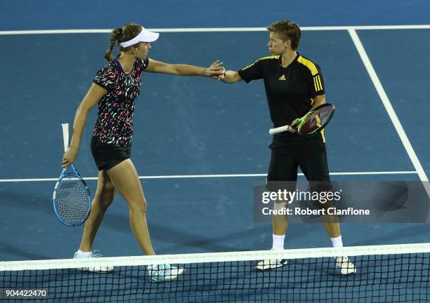 Elise Mertens of Belgium and Demi Schuurs of the Netherlands celebrate a point during the doubles final againsts Lyudmyla Kichenok of the Ukraine and...