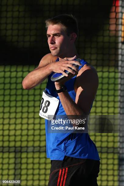 Cedric Dublet of Queensland competes in the men's discus throw during the Jandakot Airport Perth Track Classic at WA Athletics Stadium on January 13,...