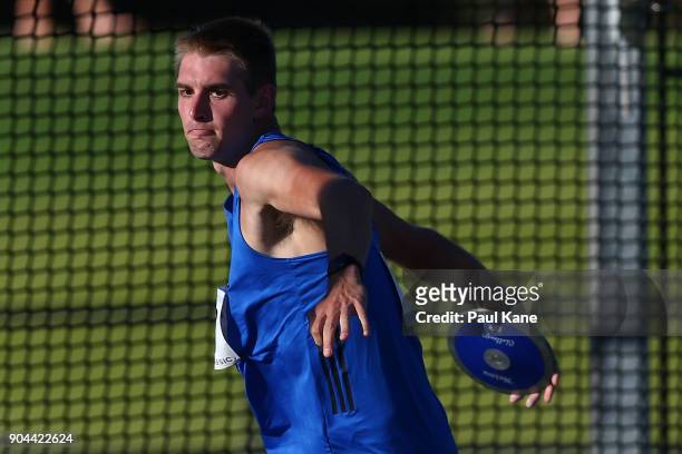 Cedric Dublet of Queensland competes in the men's discus throw during the Jandakot Airport Perth Track Classic at WA Athletics Stadium on January 13,...