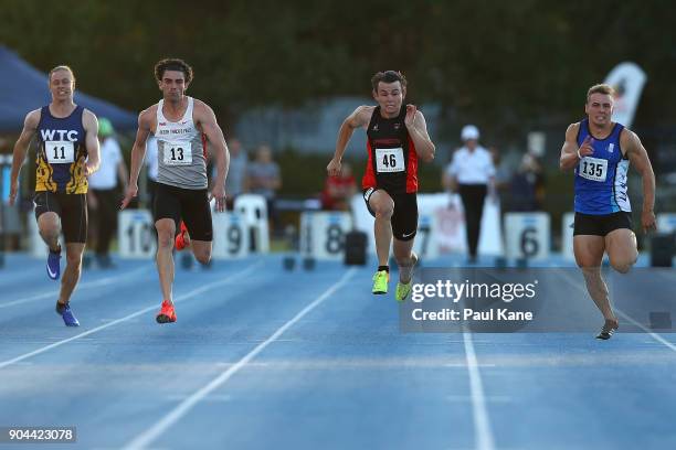 Calvin Borowski, Aaron Bresland, Jack Hale and Trae Williams compete in the men's 100 metre during the Jandakot Airport Perth Track Classic at WA...