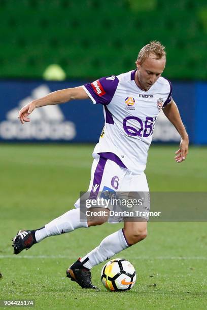 Mitchell Nichols of Perth Glory controls the ball during the round 16 A-League match between the Melbourne Victory and Perth Glory at AAMI Park on...